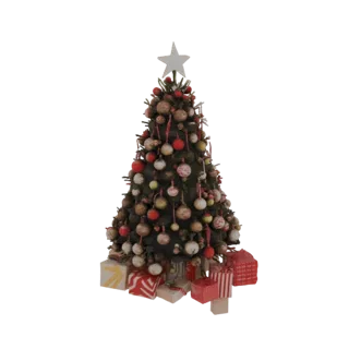 A 3D model of a decorated Christmas tree with a star on top and wrapped gifts at its base, rendered on a white background.