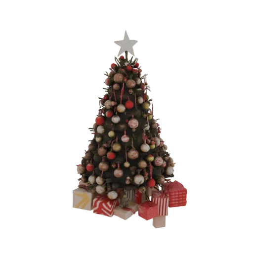 Um modelo 3D de uma árvore de Natal decorada com uma estrela no topo e presentes embrulhados na base, renderizado em fundo br