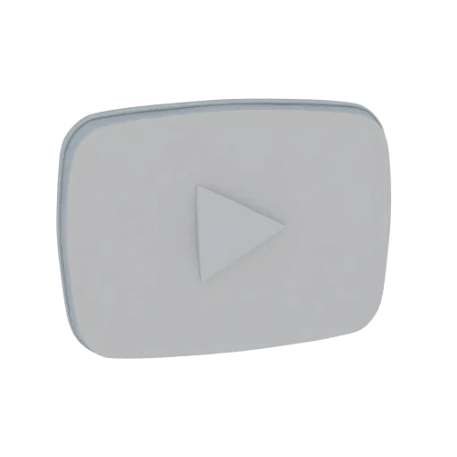 Um modelo 3D minimalista do botão play do YouTube, renderizado em cinza claro com sombreamento sutil e uma estética limpa e m