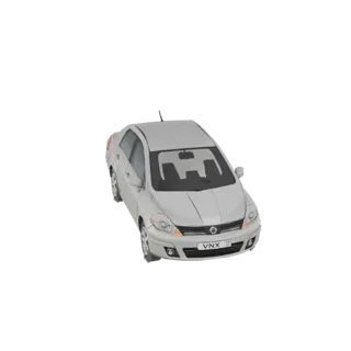 3D-Modell einer silbernen Limousine mit VNX-Kennzeichen, aus einem leicht erhöhten vorderen rechten Winkel betrachtet.