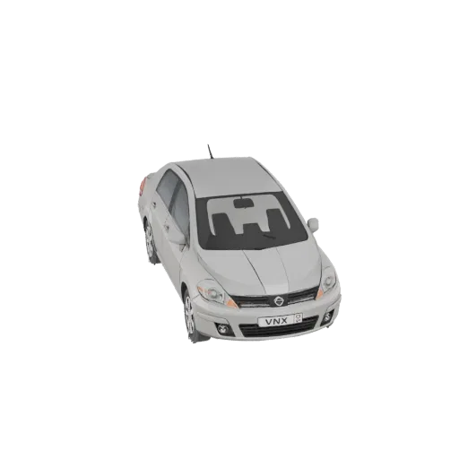 3D-Modell einer silbernen Limousine mit VNX-Kennzeichen, aus einem leicht erhöhten vorderen rechten Winkel betrachtet.