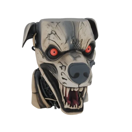 3D model of a cybernetic attack dog with glowing red eyes and mechanical parts, snarling with bared teeth.
