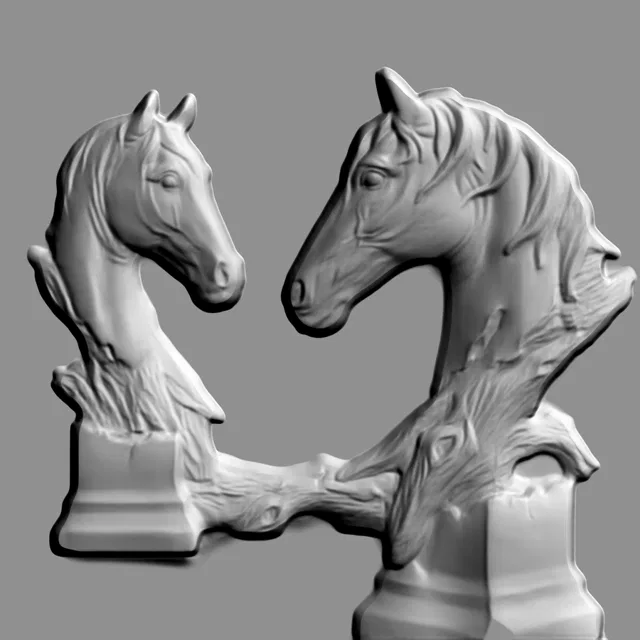 Modelo 3D de bajorrelieve "Dos caballos" estilo escultura de madera, representando dos caballos gráciles