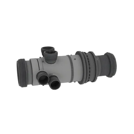 3D model of a grey ventilation manifold with a large central inlet and six smaller outlets, showcasing threaded connections.