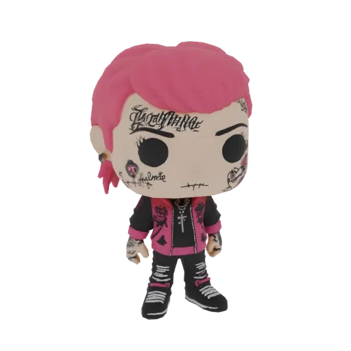 3D model of a stylized punk character with pink hair, tattoos, and a pink and black jacket, resembling a Funko Pop figure.