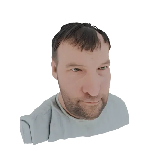 A 3D render of a man with short brown hair and a beard, wearing a light blue t-shirt, against a white background.