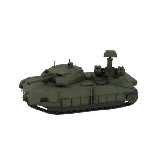 3D render of a futuristic olive green tank with a prominent turret, main cannon, advanced sensor array, and missile pods.