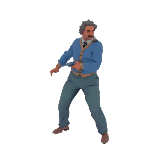 3D model of Albert Einstein in a blue cardigan and grey pants, holding a ray gun in a dynamic pose.