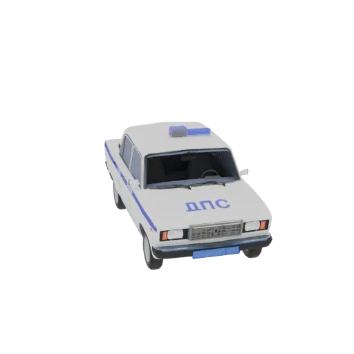 3D model of a white Russian police car with 'ДПС' text on the hood and a blue lightbar on the roof, set against a black backg