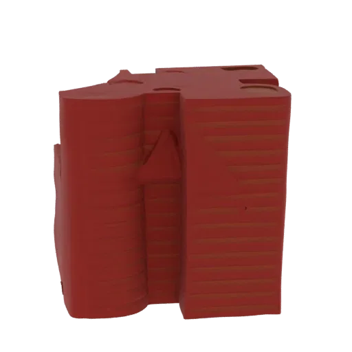 Rendu 3D d'un bâtiment rouge abstrait avec une façade superposée proéminente et un élément architectural triangulaire, sur fo