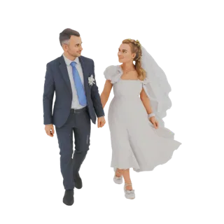 3D model of a smiling bride and groom walking hand-in-hand, dressed in wedding attire.