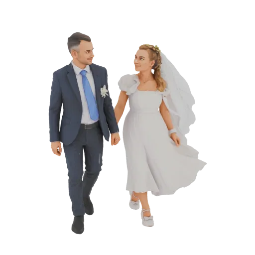 3D model of a smiling bride and groom walking hand-in-hand, dressed in wedding attire.