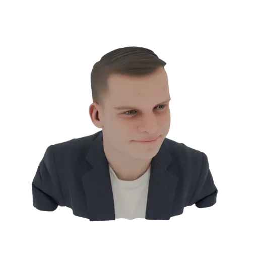 3D model render of a young man with short brown hair, wearing a blue blazer and white t-shirt, looking to the right with a sl