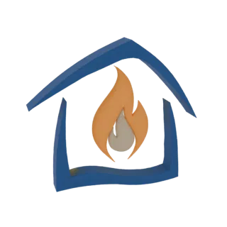 3D model of a stylized blue house with a flame inside, rendered on a white background.