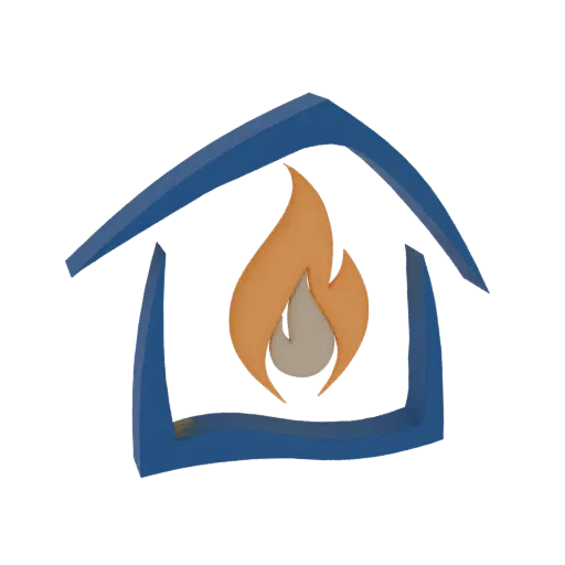 3D model of a stylized blue house with a flame inside, rendered on a white background.