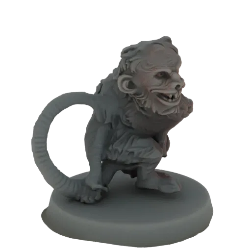 3D model of a gnarled gremlin with red eyes, sharp teeth, and a curled tail, standing on a round base.