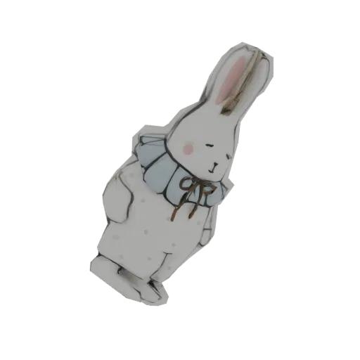 3D model of a white bunny with a blue ruffled collar and grey polka dots, depicted with closed eyes and a sweet expression.
