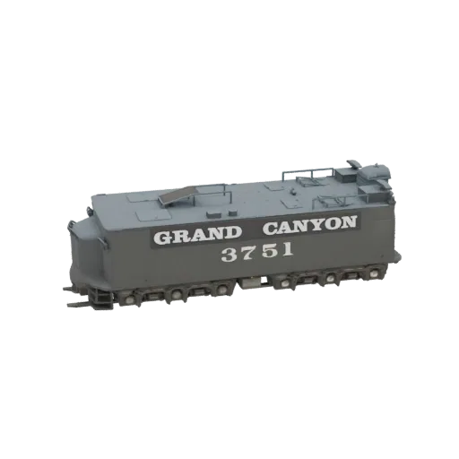 3D model of the Grand Canyon 3751 locomotive, a grey steam engine with white lettering.