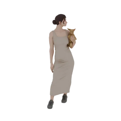 3D model of a woman in a beige dress holding a teddy bear, viewed from the front.