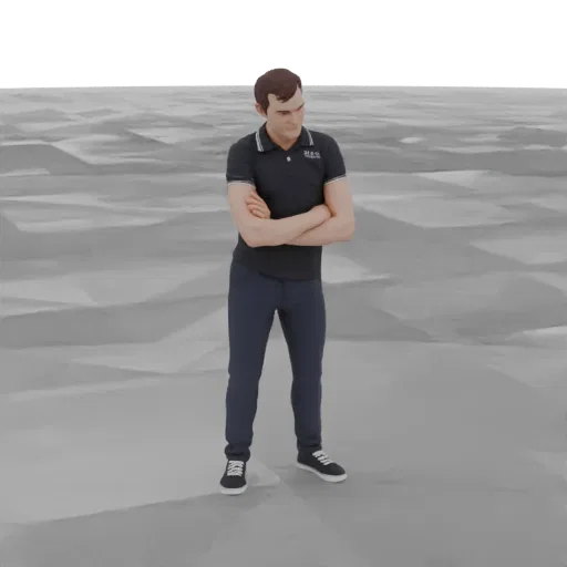 3D model of a man in a dark polo shirt and blue trousers, standing with arms crossed against a sandy, abstract background.