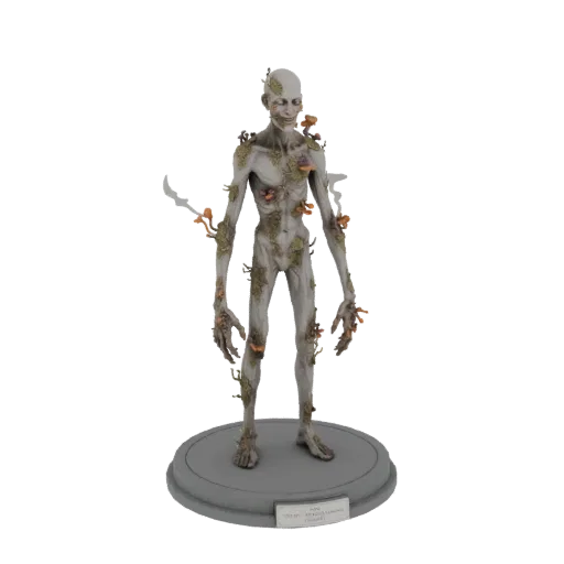 3D model of a pale, emaciated humanoid figure covered in green moss and orange fungal growths, standing on a grey circular ba