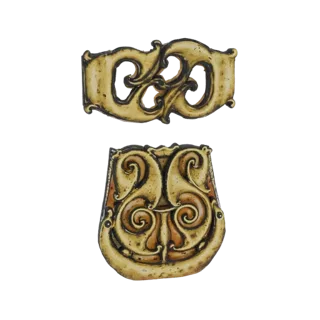 3D model render of an ornate Celtic brooch and matching buckle with intricate knotwork and an aged patina.
