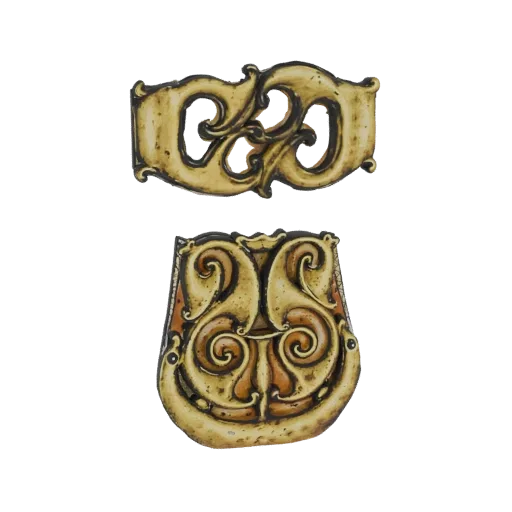 3D model render of an ornate Celtic brooch and matching buckle with intricate knotwork and an aged patina.