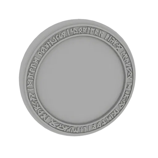 3D render of a circular gray emblem with ancient runic inscriptions around the rim.