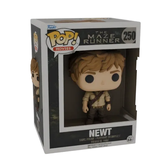 Modèle 3D de Newt du Labyrinthe, représenté comme une figurine en vinyle Funko Pop! dans son emballage d'origine.