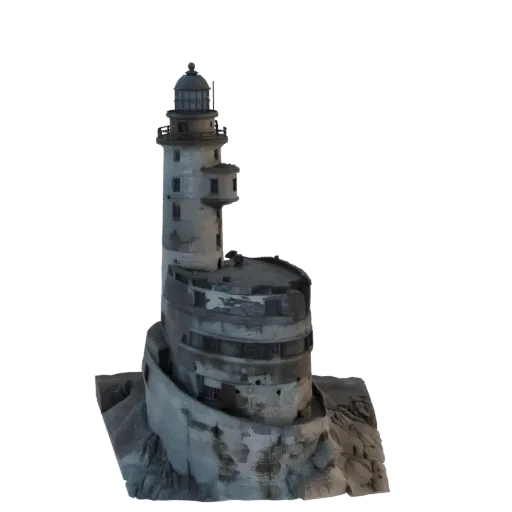 3D model of a weathered, ruined lighthouse standing on a rocky outcrop against a dark background.