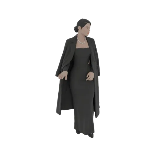 3D model of a woman wearing a long black dress and a black coat draped over her shoulders, looking to the side.