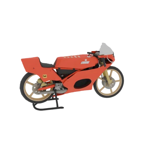 A side view of a detailed 3D model of a vintage red racing motorcycle with gold wheels, presented on a black background.