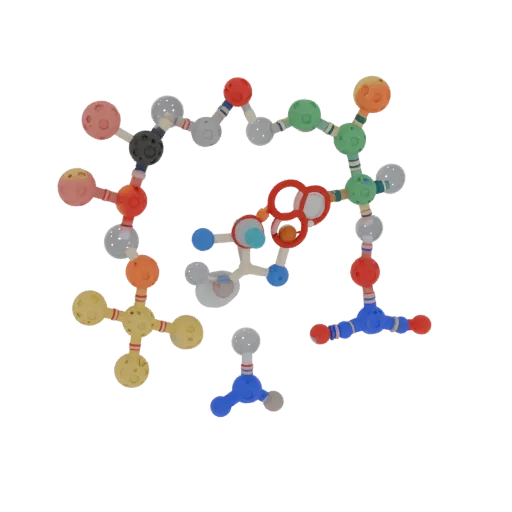Crystal Protein Chain Printable 3D model, isometric STL render, showing colored spheres, molecule layout.