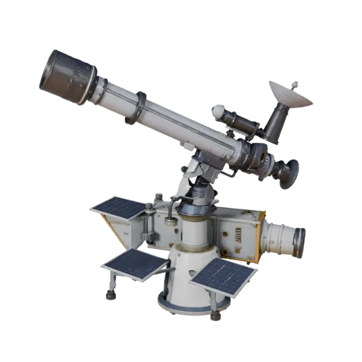 Modello 3D stilizzato di Telescopio da Ricerca, rendering isometrico stilizzato, che mostra tubi metallici, allineamento otti