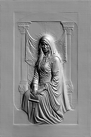 3D-Modell eines Basreliefs der Jungfrau Maria, sitzend mit einer Schriftrolle, im klassischen Stil.