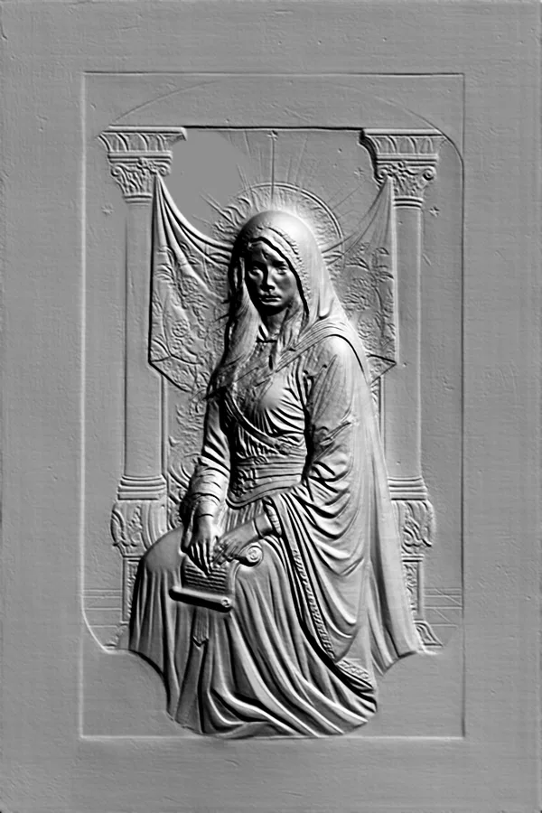 Modelo 3D de bajorrelieve de la Virgen María sentada con rollo, en estilo clásico.