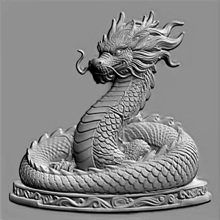 Modèle 3D de dragon en bas-relief sur base ronde, style médaillon, avec écailles et crinière très détaillées.
