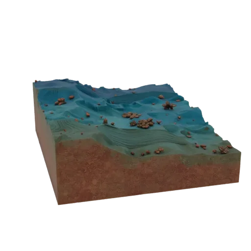 Coral Reef Seabed Biome Printable 3D model, isometric tabletop STL render, showing terrain layers, water edges.