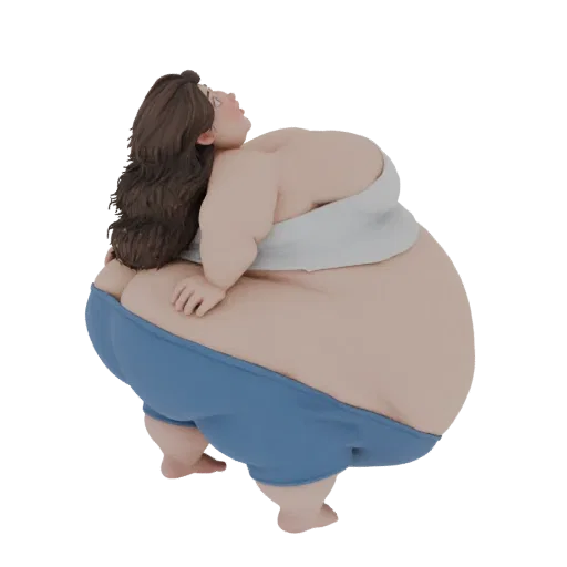 Modelo 3D de mulher cheinha com cabelo castanho, shorts azuis e top branco, olhando para cima.