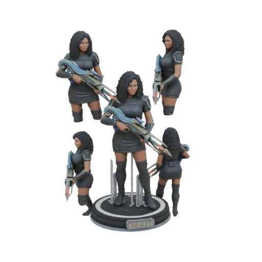 3D model of a sci-fi warrior woman with curly hair, wearing a dark suit and holding a futuristic rifle, displayed on a circular base.