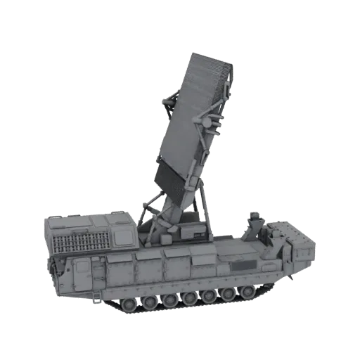 3D model of a tracked mobile radar system with a large phased array antenna in an elevated position, against a white backgrou