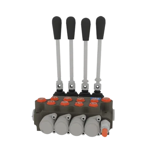 3D model of a hydraulic control valve with four silver levers, black grips, orange buttons, and a grey housing, set against a