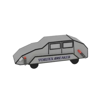 3D-Render des Vortex Breaker, ein futuristisches graues Fahrzeug mit kantigen Linien, Doppelfenstern und roten Akzenten, Text