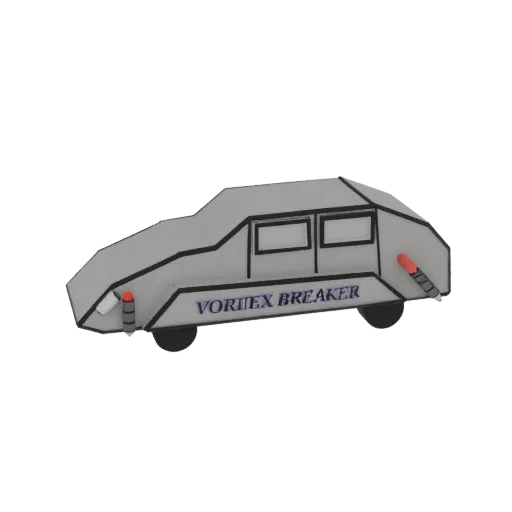 Rendu 3D du Vortex Breaker, un véhicule futuriste gris aux lignes angulaires, double vitrage et accents rouges, avec le texte 'VORTEX BREAKER' sur le côté.