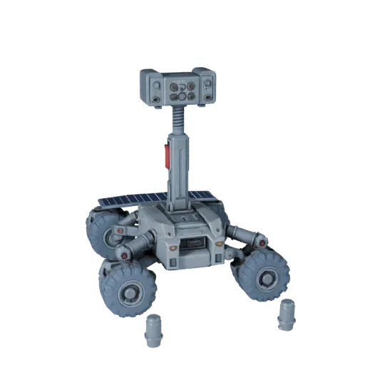 Ice World Sample Collector 3D model, three-quarter front view, Unity viewport, showing dusty wheels, vehicle stance.