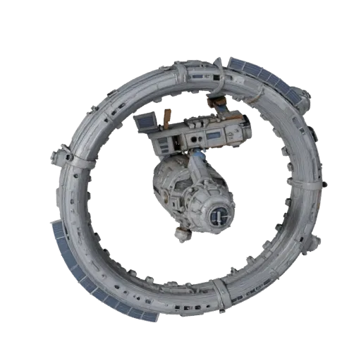 Orbital Space Station Stylized 3D model, stylized isometric render, showing metal modules, modular station layout.