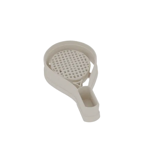 3D model of a white potato masher with a circular mashing plate and an integrated strainer below it, shown from a slightly el