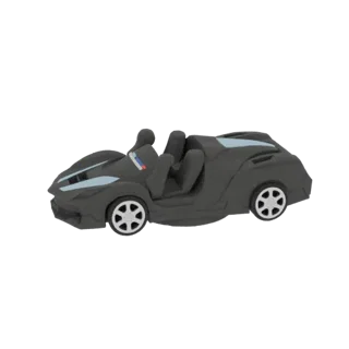3D model of a sleek, dark gray convertible sports car with light blue accents and multi-spoke wheels, shown from a side-front