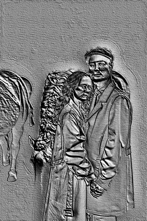 Modelo 3D de bajorrelieve estilo boceto: pareja abrazándose con cebra de fondo, trazos detallados y textura de lápiz.