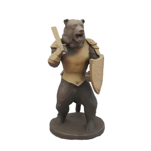 3D model of a warrior bear wearing golden armor and holding a shield, standing on a base.